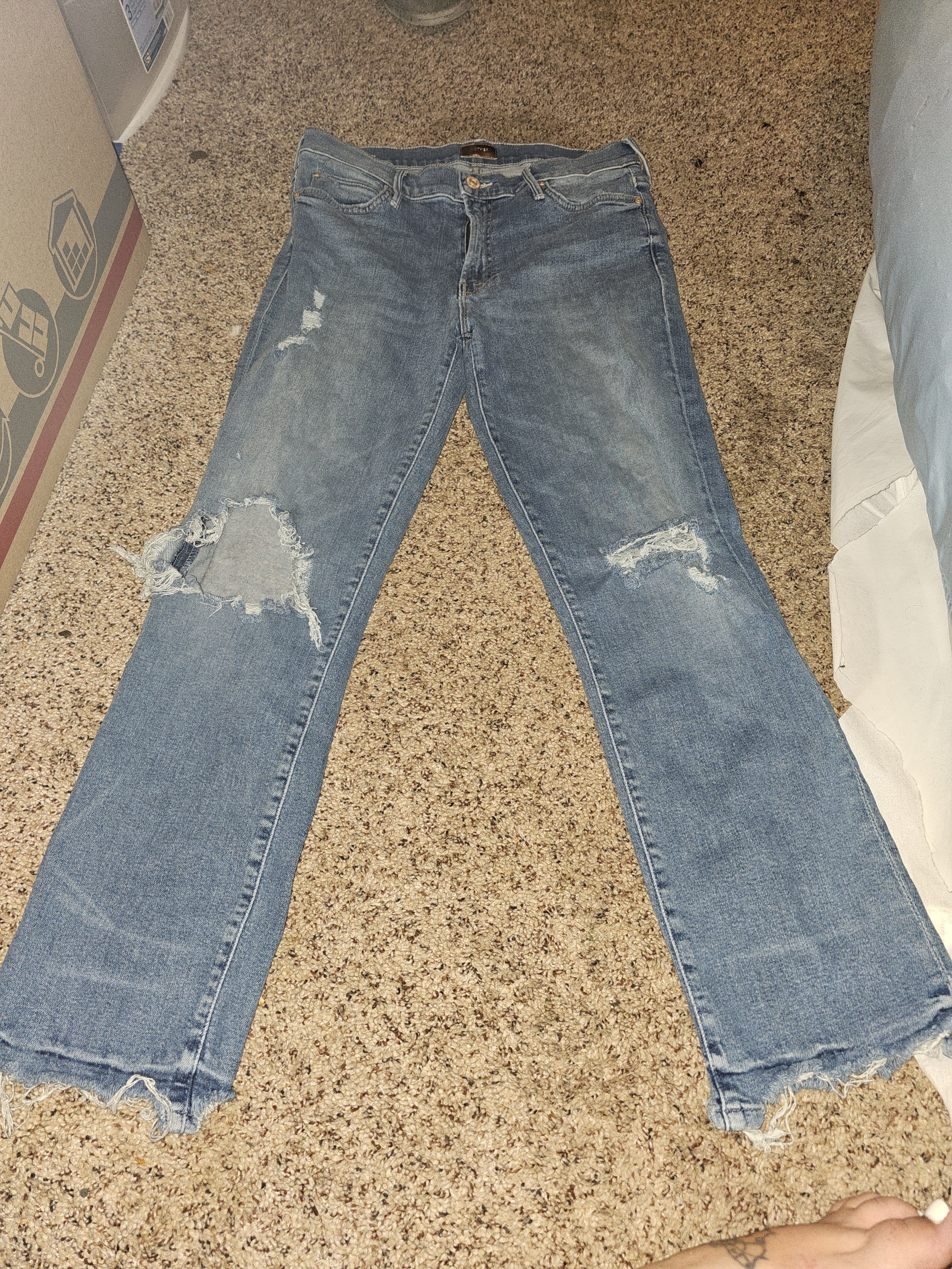 Mother Distressed Light Blue Cropped Ankle Jeans